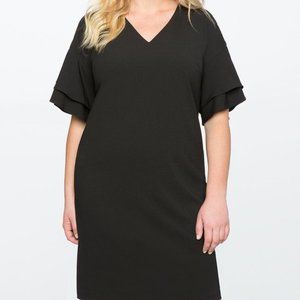 SIZE:20 ELOQUII BLACK KNEE LENGTH DRESS W/V-NECK AND LAYERED FLUTTER SLEEVE
